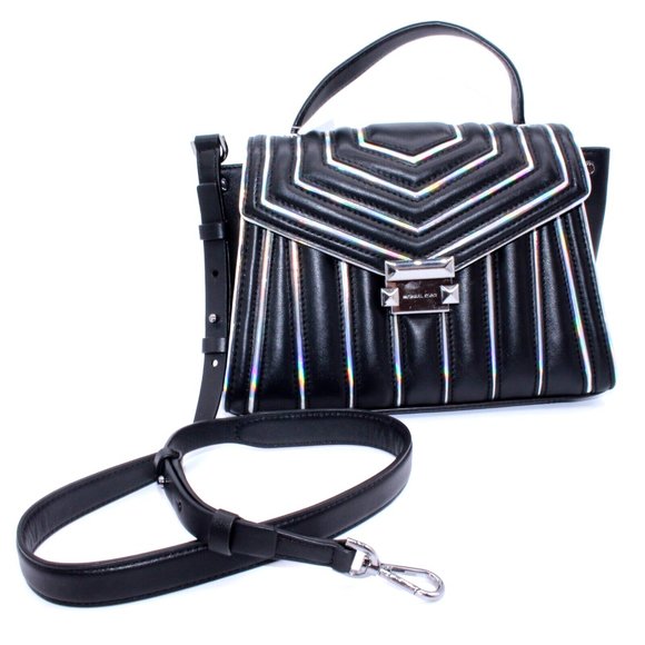 Michael Kors Medium Cross Body Bag Satchel Purse Black Leather Holographic Trim - Picture 1 of 12
